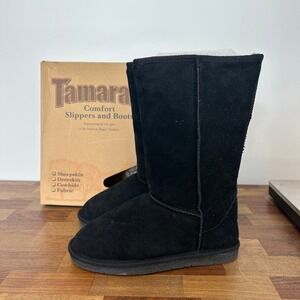 Tamarac Athena Sheepskin Boots 7 NEW $99 Black Suede Mid Calf Winter Shearling